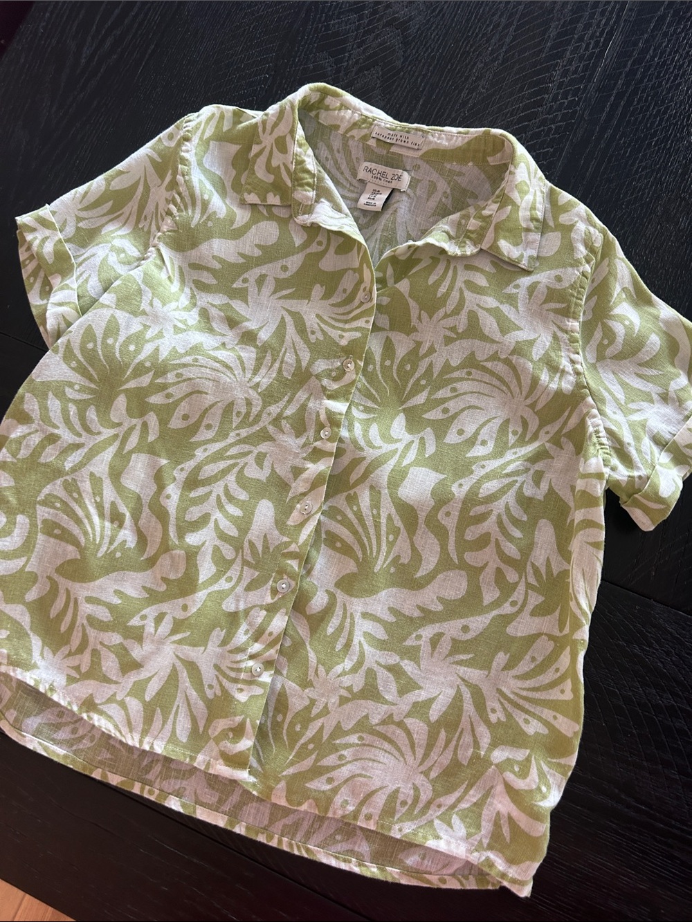 RACHEL ZOE Light Olive Green and White LinenBotanical Zebra-Striped Button down